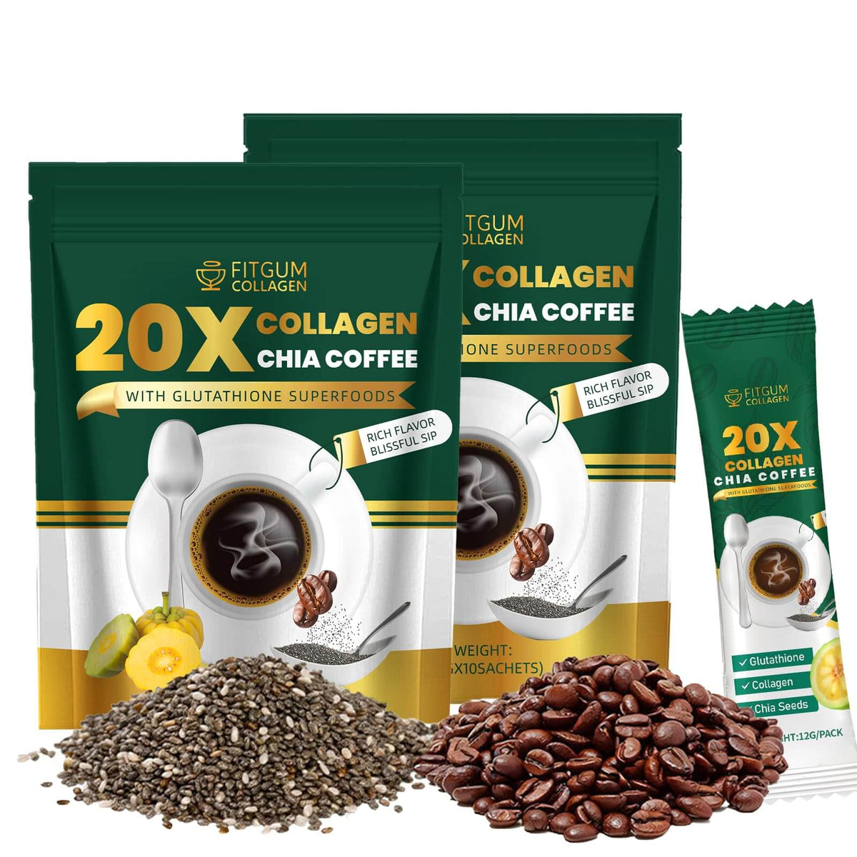 Fitgum Collagen 20X Chia 11 in 1 Shape Coffee Mix, Fitgum Collagen Chia Coffee Mix, Whitening Coffeemix - 12g x 10pcs (1)