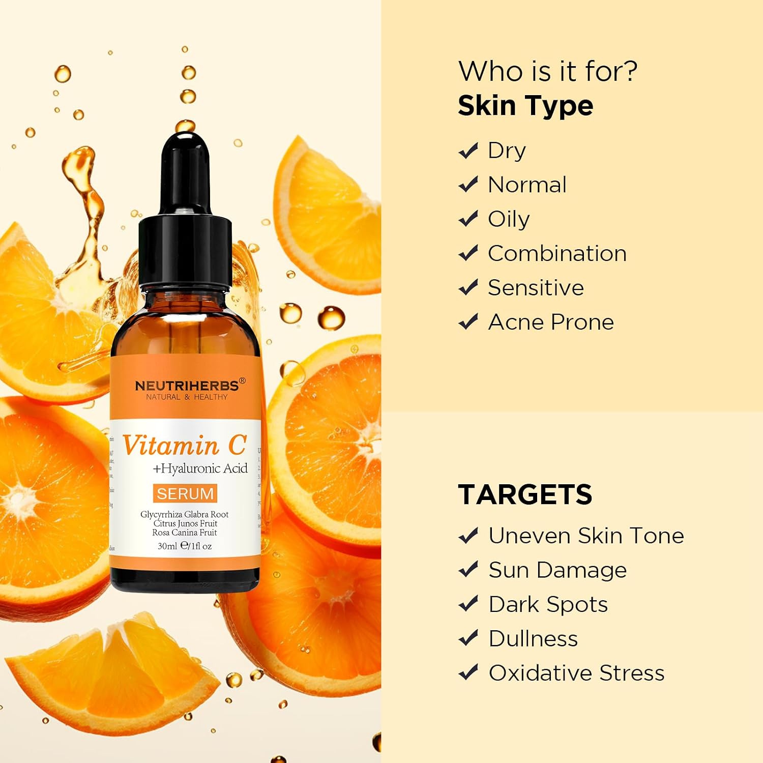 NEUTRIHERBS Vitamin C Serum for Face with Hyaluronic Acid, Firm, Anti Aging, Brighten, Even Skin, Daily Skincare Natural Nourish Facial Serum,1 fl oz